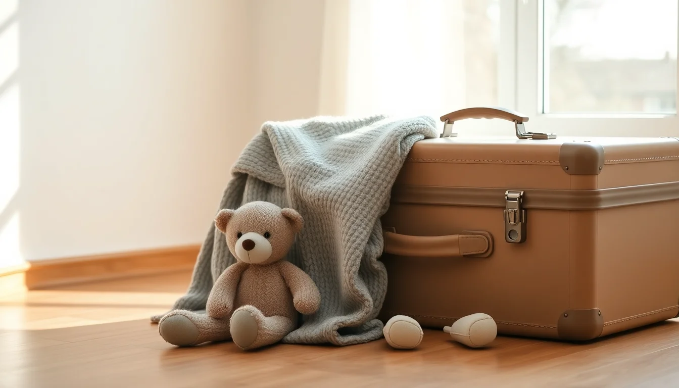 Cozy camp scene with a brown trunk, soft gray blanket, and a small teddy bear on a sunny wood floor