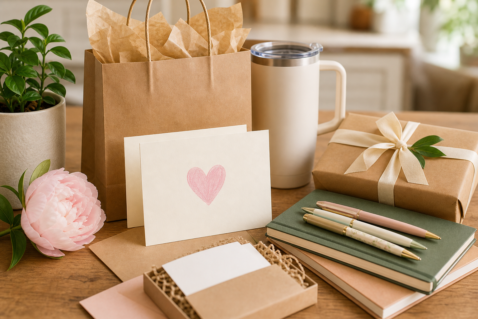 A teacher gift setup with a kraft gift bag, card, tumbler, pens, plant, and wrapped present on a table.