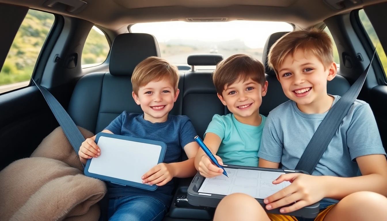 Two kids in the backseat of a family car playing road trip games with a travel tray, cards, and a dry erase game book